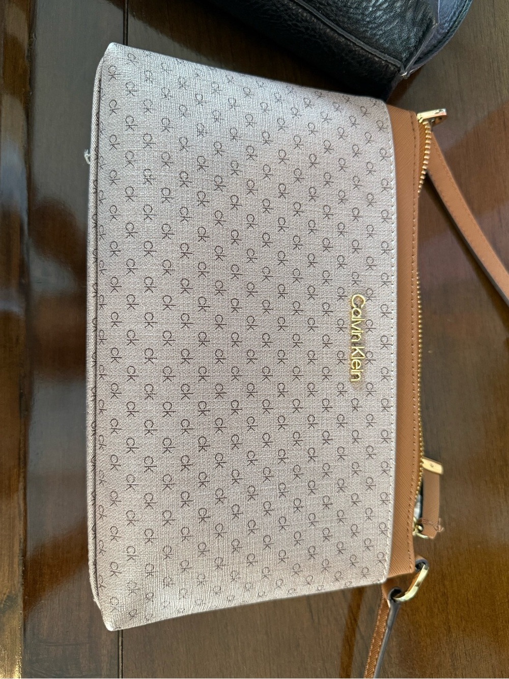 Calvin Klein Beige Monogram Crossbody with Brown Trim
